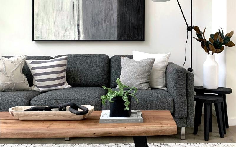 a couch with a coffee table with a plant and decor on it